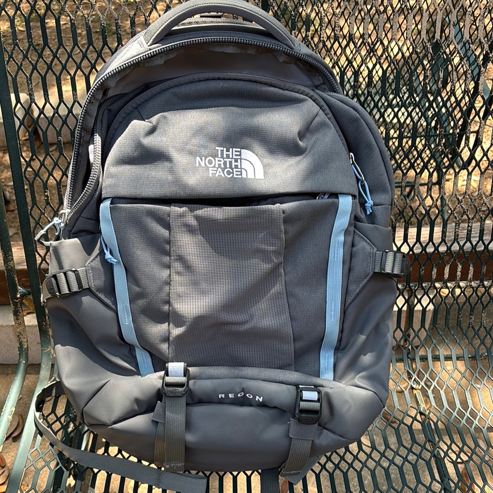 The North Face Gray and Blue Backpack with Padded Straps